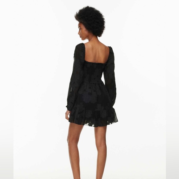 Wilfred Tempest Dress Black Floral Smocked Mini Medium Square Neck Puff Sleeve - Picture 2 of 14